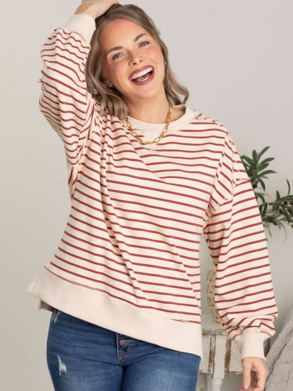 Very J Cream and Burgundy Striped Crewneck Sweater